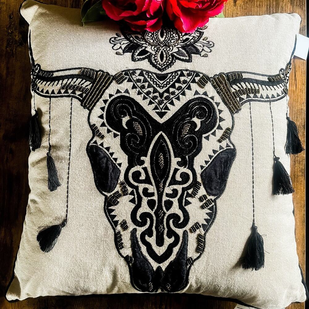 NEW Western Beaded Embroidered Tassled Accent Decorative Pillow -Black Tan Gold